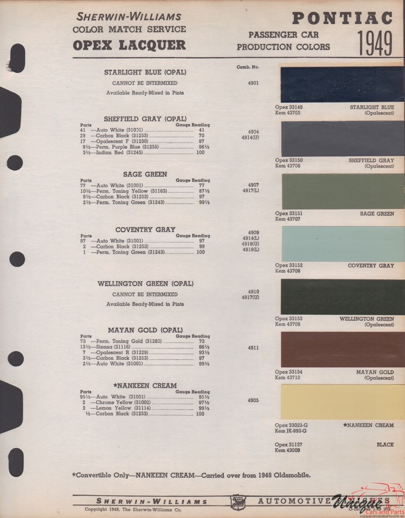 1949 Pontiac Paint Charts Williams 1